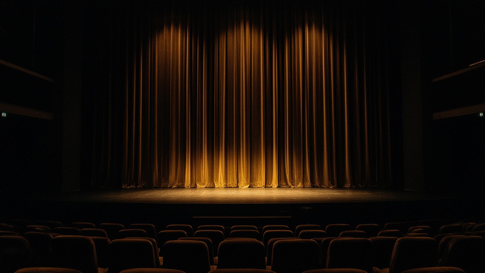 Empty theater stage lit by warm golden light